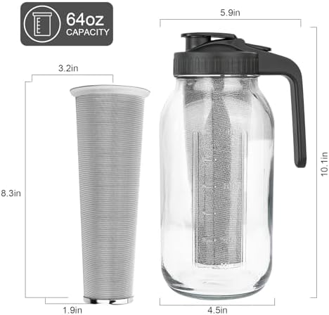 Cold Brew Coffee Maker,64 oz Mason Jar Pitcher with Stainless Steel Filter, Pour Spout Handle Lid, Heavy Duty Glass Airtight & Leak-Proof for Iced Coffee,Tea & Lemonade|B0CGWS1M51