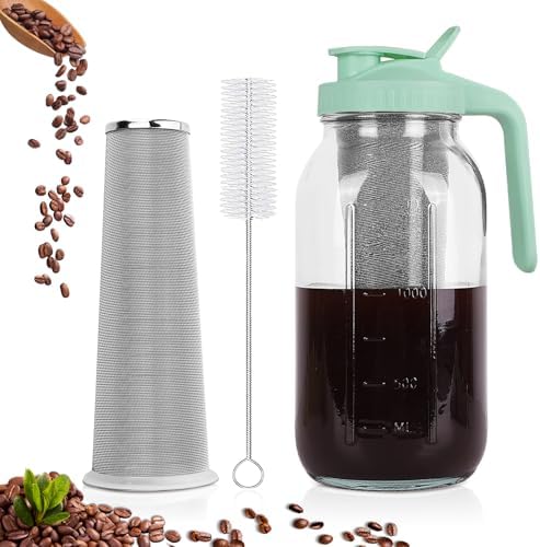 Cold Brew Coffee Maker,64 oz Mason Jar Pitcher with Stainless Steel Filter, Pour Spout Handle Lid, Heavy Duty Glass Airtight & Leak-Proof for Iced Coffee,Tea & Lemonade|B0CGWS1M51