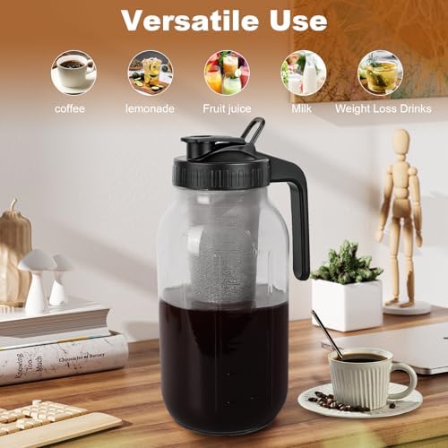 Cold Brew Coffee Maker,64 oz Mason Jar Pitcher with Stainless Steel Filter, Pour Spout Handle Lid, Heavy Duty Glass Airtight & Leak-Proof for Iced Coffee,Tea & Lemonade|B0CGWS1M51