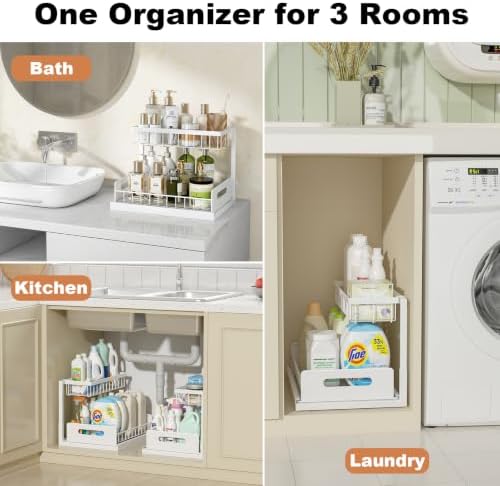 REALINN Under Sink Organizer, Pull Out Cabinet Organizer, 2 Tier Metal Slide Out Shelf with L Shaped Design for Kitchen, Bathroom, Laundry, and Utility Cabinet Storage for Deep Cabinets, White, 2 Pack|B0CFQFMC4F