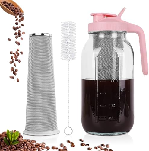 Cold Brew Coffee Maker,64 oz Mason Jar Pitcher with Stainless Steel Filter, Pour Spout Handle Lid, Heavy Duty Glass Airtight & Leak-Proof for Iced Coffee,Tea & Lemonade|B0CGWS1M51