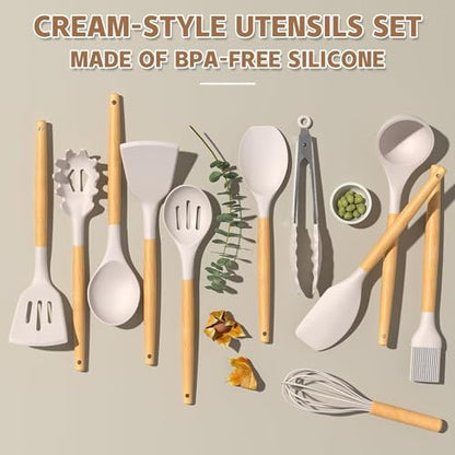 Umite Chef Kitchen Cooking Utensils Set, 33 pcs Non-Stick Silicone Cooking Kitchen Utensils Spatula Set with Holder, Wooden Handle Silicone Kitchen Gadgets Utensil Set (Khaki)|B08573DQ39