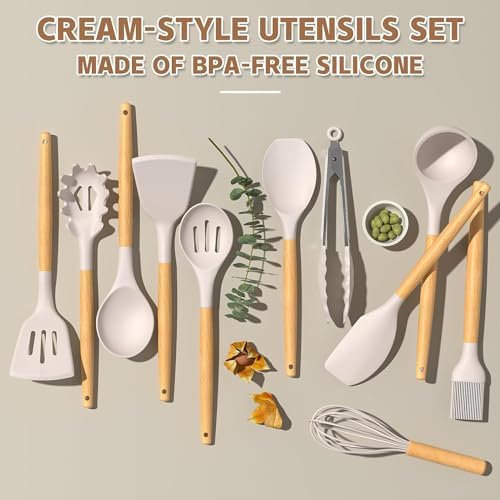 Umite Chef Kitchen Cooking Utensils Set, 33 pcs Non-Stick Silicone Cooking Kitchen Utensils Spatula Set with Holder, Wooden Handle Silicone Kitchen Gadgets Utensil Set (Khaki)|B08573DQ39