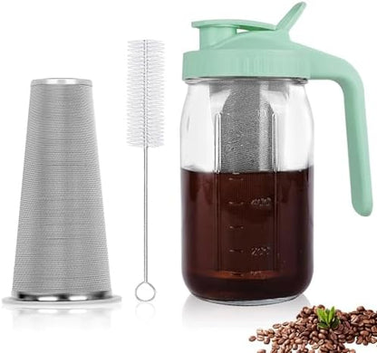 Cold Brew Coffee Maker,64 oz Mason Jar Pitcher with Stainless Steel Filter, Pour Spout Handle Lid, Heavy Duty Glass Airtight & Leak-Proof for Iced Coffee,Tea & Lemonade|B0CGWS1M51