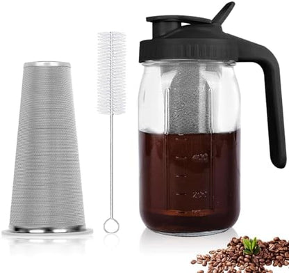 Cold Brew Coffee Maker,64 oz Mason Jar Pitcher with Stainless Steel Filter, Pour Spout Handle Lid, Heavy Duty Glass Airtight & Leak-Proof for Iced Coffee,Tea & Lemonade|B0CGWS1M51