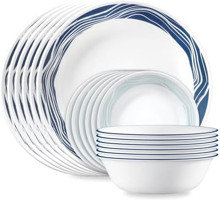 Corelle Vitrelle 18-Piece Service for 6 Dinnerware Set Triple Layer Glass and Chip Resistant, Lightweight Round Plates and Bowls Set, Winter Frost White|B00R790CLY