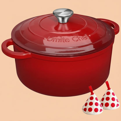 Enameled Cast Iron Dutch Oven - Umite Chef 5QT Pot with Lid & Cotton Potholders - Heavy-Duty Cookware for Bread Baking, Braising, Stews, Roasting(Red)|B0DXKCK21X