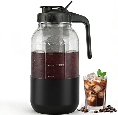 Cold Brew Coffee Maker,64 oz Mason Jar Pitcher with Stainless Steel Filter, Pour Spout Handle Lid, Heavy Duty Glass Airtight & Leak-Proof for Iced Coffee,Tea & Lemonade|B0CGWS1M51