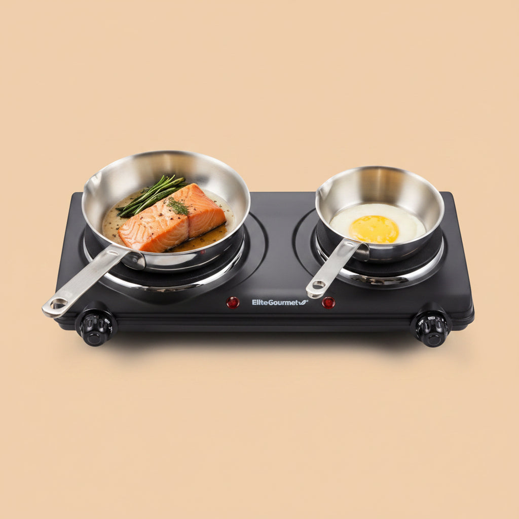 Elite Gourmet EDB-302BF# Double Cast Iron Burner, 1500W Hot Plate, Black | Adjustable temperature control, power indicator lights, easy-to-clean surface, countertop design|B09RX2WGD3