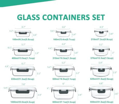 KOMUEE 24 Pieces Glass Food Storage Containers Set, Meal Prep Containers, BPA-Free Airtight Glass Storage Containers with lids,Freezer, Microwave and Oven Safe,Gray|B09QQGY1BW