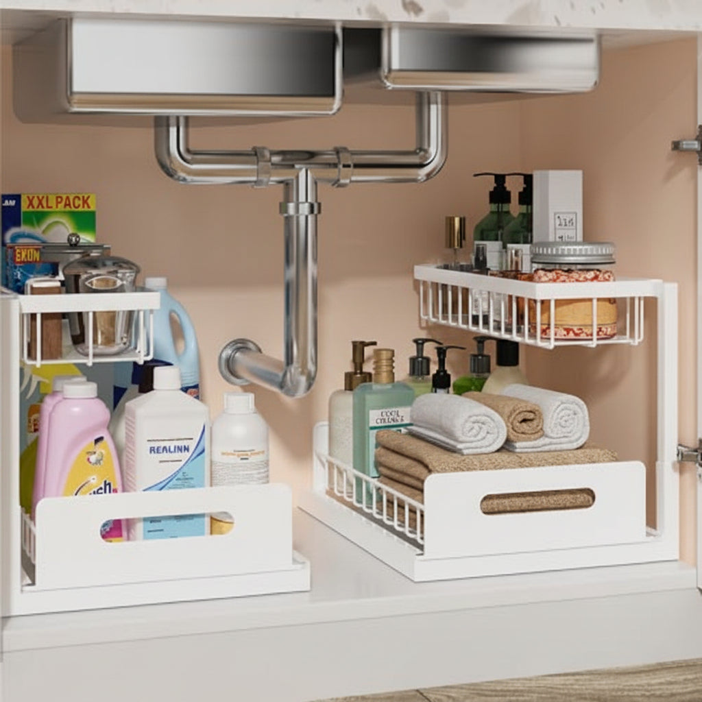 REALINN Under Sink Organizer, Pull Out Cabinet Organizer, 2 Tier Metal Slide Out Shelf with L Shaped Design for Kitchen, Bathroom, Laundry, and Utility Cabinet Storage for Deep Cabinets, White, 2 Pack|B0CFQFMC4F