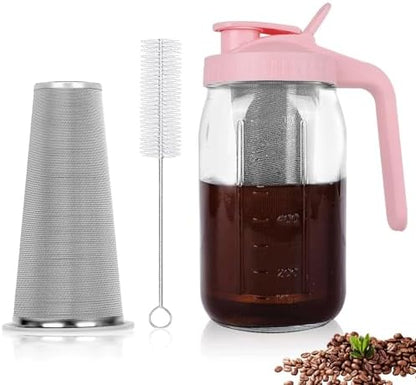 Cold Brew Coffee Maker,64 oz Mason Jar Pitcher with Stainless Steel Filter, Pour Spout Handle Lid, Heavy Duty Glass Airtight & Leak-Proof for Iced Coffee,Tea & Lemonade|B0CGWS1M51