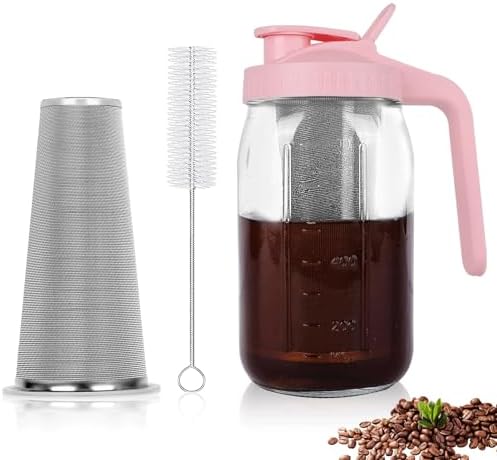 Cold Brew Coffee Maker,64 oz Mason Jar Pitcher with Stainless Steel Filter, Pour Spout Handle Lid, Heavy Duty Glass Airtight & Leak-Proof for Iced Coffee,Tea & Lemonade|B0CGWS1M51