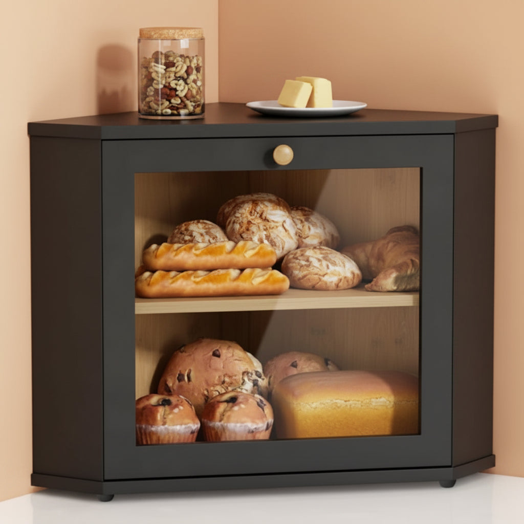 Goozii Corner Bread Box for Kitchen Countertop, Black Bread Storage Container for Homemade Bread, Two Layer Breadbox under Cabinet Mount, Large Bread Holder for Kitchen Counter, Pantry Shelf|B0CP3L9TZW