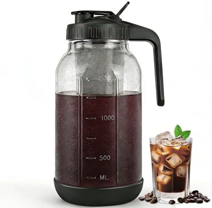 Cold Brew Coffee Maker,64 oz Mason Jar Pitcher with Stainless Steel Filter, Pour Spout Handle Lid, Heavy Duty Glass Airtight & Leak-Proof for Iced Coffee,Tea & Lemonade|B0CGWS1M51