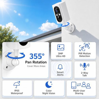 2K Security Cameras Wireless Outdoor, 355° Pan Rotate, Battery Powered, Color Night Vision WiFi Cameras, AI Motion Detection, Cloud/SD Storage, IP65, Alert & Alarm, Cameras for Home Security, 2 Pack | Motion Detect& Record& Alert, SD/Cloud Storage, Color Night Vision, 2-Way Talk, 2.4G WiFi, IP65 Waterproof, Indoor& Outdoor|B0H36KRKPH