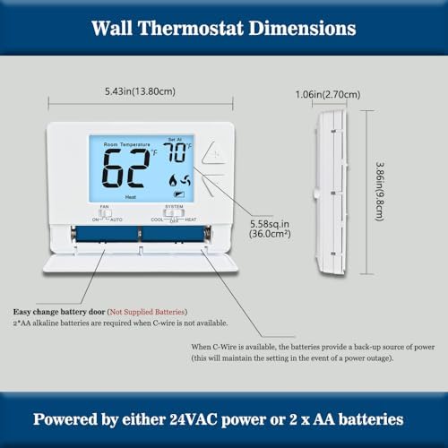 NonProgrammable Thermostat for Home, Digital Energy-Saving Thermostat,Single-Stage Systems, 1 Heat/1 Cool, Easy DIY Install,White Backlight|B0DNDS8PKF