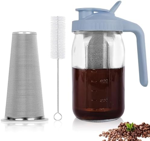Cold Brew Coffee Maker,64 oz Mason Jar Pitcher with Stainless Steel Filter, Pour Spout Handle Lid, Heavy Duty Glass Airtight & Leak-Proof for Iced Coffee,Tea & Lemonade|B0CGWS1M51