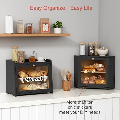 Goozii Corner Bread Box for Kitchen Countertop, Black Bread Storage Container for Homemade Bread, Two Layer Breadbox under Cabinet Mount, Large Bread Holder for Kitchen Counter, Pantry Shelf|B0CP3L9TZW