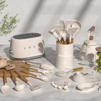 Umite Chef Kitchen Cooking Utensils Set, 33 pcs Non-Stick Silicone Cooking Kitchen Utensils Spatula Set with Holder, Wooden Handle Silicone Kitchen Gadgets Utensil Set (Khaki)|B08573DQ39