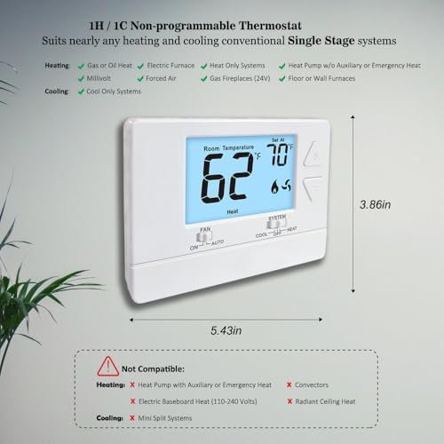 NonProgrammable Thermostat for Home, Digital Energy-Saving Thermostat,Single-Stage Systems, 1 Heat/1 Cool, Easy DIY Install,White Backlight|B0DNDS8PKF