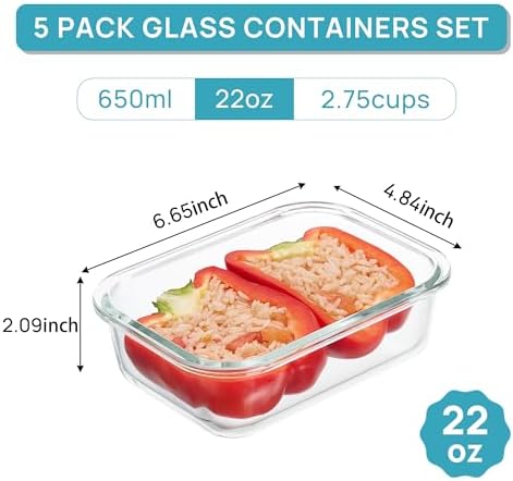 Vtopmart 5Pack 22oz Glass Storage Containers with Lids, Grey | Glass Meal Prep Food Container Sets, Snap Airtight Lid, For Microwave, Oven, Freezer and Dishwasher, BPA Free|B0D7P6XKNP