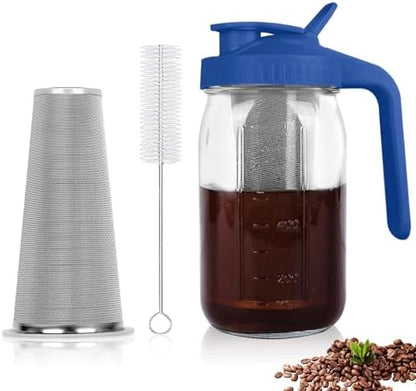 Cold Brew Coffee Maker,64 oz Mason Jar Pitcher with Stainless Steel Filter, Pour Spout Handle Lid, Heavy Duty Glass Airtight & Leak-Proof for Iced Coffee,Tea & Lemonade|B0CGWS1M51