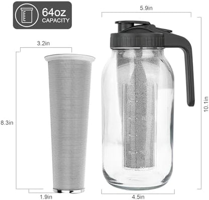 Cold Brew Coffee Maker,64 oz Mason Jar Pitcher with Stainless Steel Filter, Pour Spout Handle Lid, Heavy Duty Glass Airtight & Leak-Proof for Iced Coffee,Tea & Lemonade|B0CGWS1M51