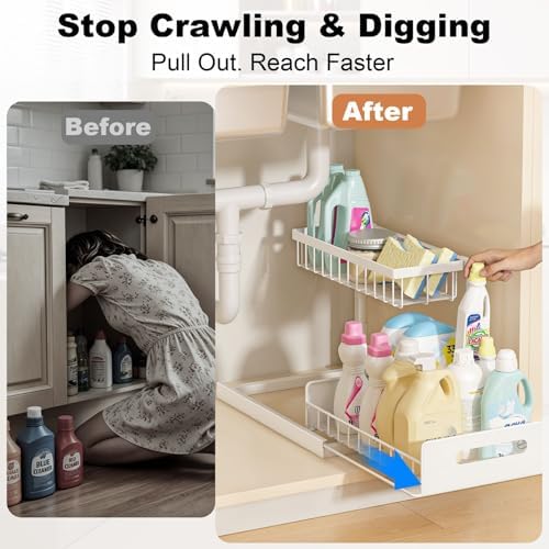 REALINN Under Sink Organizer, Pull Out Cabinet Organizer, 2 Tier Metal Slide Out Shelf with L Shaped Design for Kitchen, Bathroom, Laundry, and Utility Cabinet Storage for Deep Cabinets, White, 2 Pack|B0CFQFMC4F
