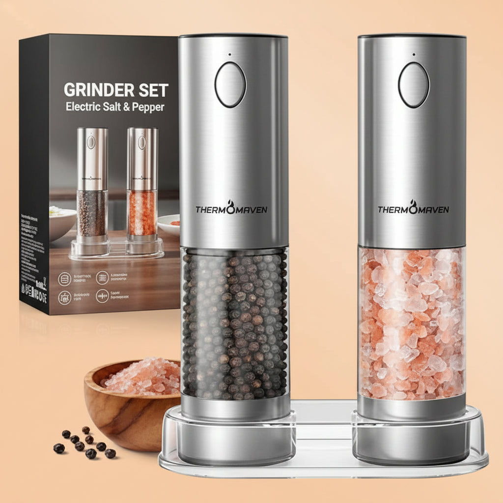 ThermoMaven Upgraded Larger Capacity Electric Salt and Pepper Grinder Set, 110ml Rechargeable Salt and Pepper Shaker with LED Light, Stainless Steel Automatic Pepper Mill with 6 Adjustable Coarseness|B0D7Q7LNNY