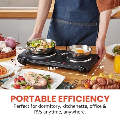 Elite Gourmet EDB-302BF# Double Cast Iron Burner, 1500W Hot Plate, Black | Adjustable temperature control, power indicator lights, easy-to-clean surface, countertop design|B09RX2WGD3
