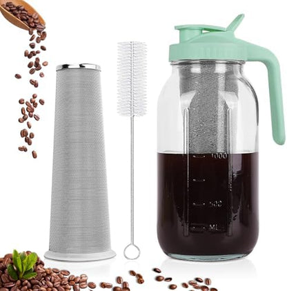 Cold Brew Coffee Maker,64 oz Mason Jar Pitcher with Stainless Steel Filter, Pour Spout Handle Lid, Heavy Duty Glass Airtight & Leak-Proof for Iced Coffee,Tea & Lemonade|B0CGWS1M51