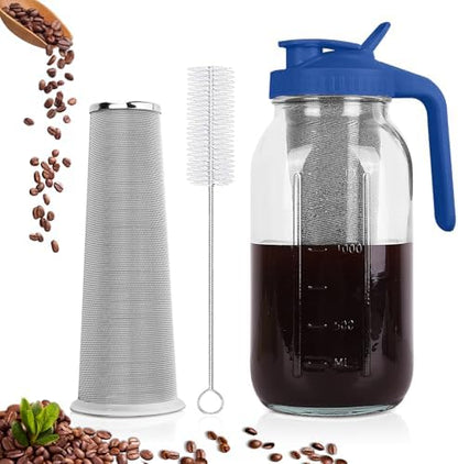Cold Brew Coffee Maker,64 oz Mason Jar Pitcher with Stainless Steel Filter, Pour Spout Handle Lid, Heavy Duty Glass Airtight & Leak-Proof for Iced Coffee,Tea & Lemonade|B0CGWS1M51