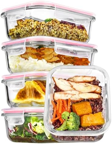 Vtopmart 5Pack 22oz Glass Storage Containers with Lids, Grey | Glass Meal Prep Food Container Sets, Snap Airtight Lid, For Microwave, Oven, Freezer and Dishwasher, BPA Free|B0D7P6XKNP