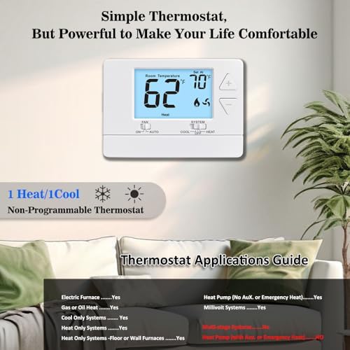 NonProgrammable Thermostat for Home, Digital Energy-Saving Thermostat,Single-Stage Systems, 1 Heat/1 Cool, Easy DIY Install,White Backlight|B0DNDS8PKF