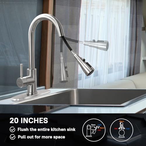 WEWE Single Handle High Arc Brushed Nickel Pull Out Kitchen Faucet,Single Level Stainless Steel Kitchen Sink Faucets with Pull Down Sprayer,Suitable for Laundry Rv Bar|B01H3OMH7Y