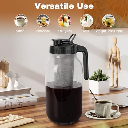 Cold Brew Coffee Maker,64 oz Mason Jar Pitcher with Stainless Steel Filter, Pour Spout Handle Lid, Heavy Duty Glass Airtight & Leak-Proof for Iced Coffee,Tea & Lemonade|B0CGWS1M51