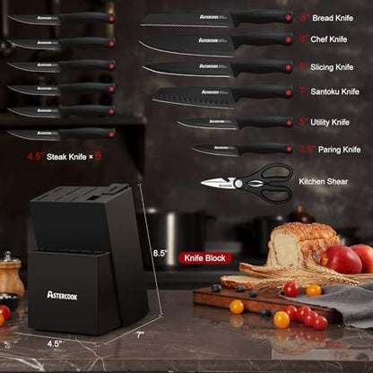 Astercook Knife Set for Kitchen with Block and Sharpener 15pcs German | Stainless Steel Kitchen Utensils Set Dishwasher Safe|B0C1YBPJ43