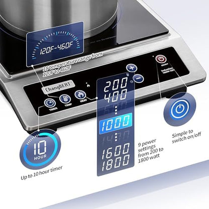 ChangBERT Induction Cooktop, Commercial Grade Portable Cooker, Large 8” Heating Coil, Premium Stainless Steel Countertop Burner with NSF Certified, 10 Hours Timer Powerful 1800W Professional Hot Plate|B0B4J6PXPN