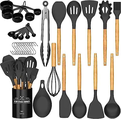 Umite Chef Kitchen Cooking Utensils Set, 33 pcs Non-Stick Silicone Cooking Kitchen Utensils Spatula Set with Holder, Wooden Handle Silicone Kitchen Gadgets Utensil Set (Khaki)|B08573DQ39