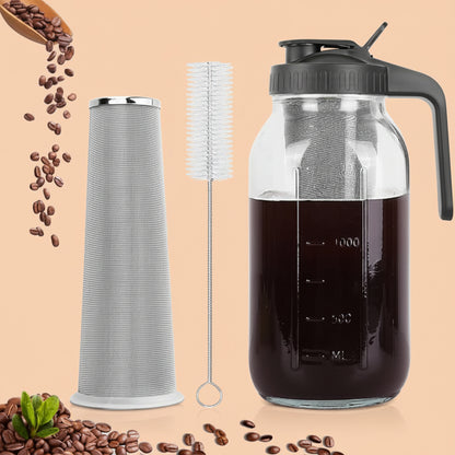 Cold Brew Coffee Maker,64 oz Mason Jar Pitcher with Stainless Steel Filter, Pour Spout Handle Lid, Heavy Duty Glass Airtight & Leak-Proof for Iced Coffee,Tea & Lemonade|B0CGWS1M51