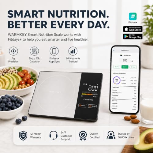 Smart Nutrition Food Scale with App - 1g Precision Digital Kitchen Scale, Tracks Calories & 24 Nutrients, Macros, Fat & Protein for Keto, Fitness & Meal Prep, 11lb/5kg with Tare Function|B0FHKBKWTM
