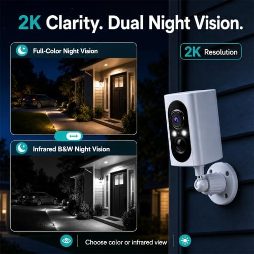 2K Security Cameras Wireless Outdoor, 355° Pan Rotate, Battery Powered, Color Night Vision WiFi Cameras, AI Motion Detection, Cloud/SD Storage, IP65, Alert & Alarm, Cameras for Home Security, 2 Pack | Motion Detect& Record& Alert, SD/Cloud Storage, Color Night Vision, 2-Way Talk, 2.4G WiFi, IP65 Waterproof, Indoor& Outdoor|B0H36KRKPH
