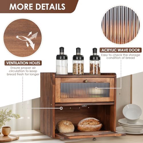 Sunhoo Bread Box for Kitchen Countertop Wooden Bread Storage Container Bin 2 Layer Breadbox Holder Large Capacity Keeper Vintage Farmhouse Food Organizer Pantry Shelf Acrylic Window (Brown)|B0CGZPR3X9