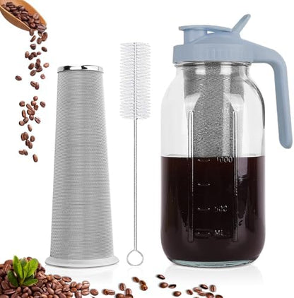 Cold Brew Coffee Maker,64 oz Mason Jar Pitcher with Stainless Steel Filter, Pour Spout Handle Lid, Heavy Duty Glass Airtight & Leak-Proof for Iced Coffee,Tea & Lemonade|B0CGWS1M51