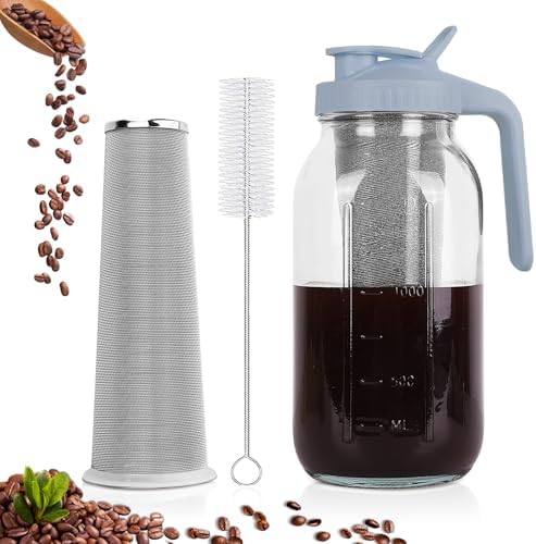 Cold Brew Coffee Maker,64 oz Mason Jar Pitcher with Stainless Steel Filter, Pour Spout Handle Lid, Heavy Duty Glass Airtight & Leak-Proof for Iced Coffee,Tea & Lemonade|B0CGWS1M51