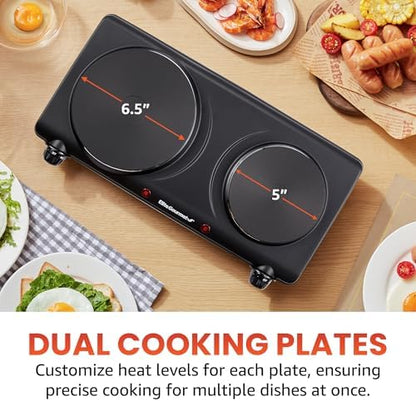 Elite Gourmet EDB-302BF# Double Cast Iron Burner, 1500W Hot Plate, Black | Adjustable temperature control, power indicator lights, easy-to-clean surface, countertop design|B09RX2WGD3
