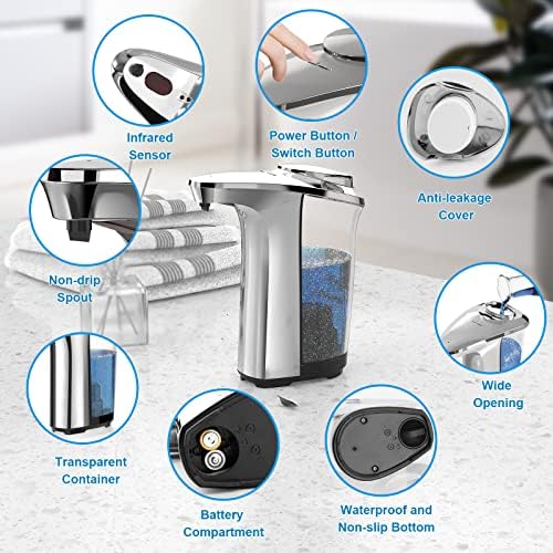 PZOTRUF Automatic Soap Dispenser, Touchless Dish Soap Dispenser 17oz/500ml with Infrared Sensor, 5 Adjustable Soap Dispensing Levels, Liquid Hand Dispenser for Bathroom Kitchen Sink (Silver)|B09NVGSSC2