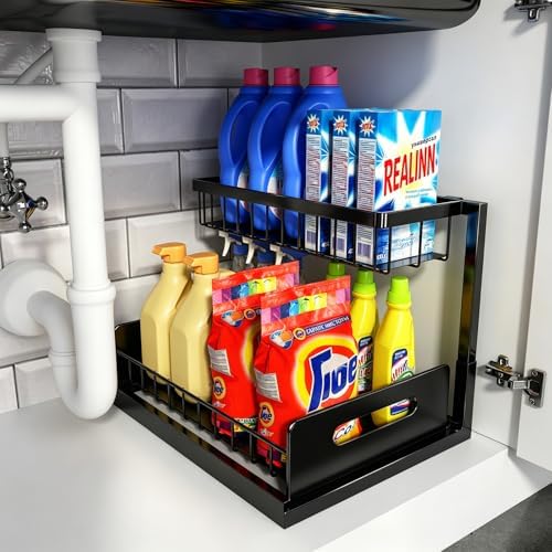 REALINN Under Sink Organizer, Pull Out Cabinet Organizer, 2 Tier Metal Slide Out Shelf with L Shaped Design for Kitchen, Bathroom, Laundry, and Utility Cabinet Storage for Deep Cabinets, White, 2 Pack|B0CFQFMC4F