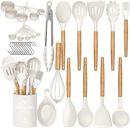 Umite Chef Kitchen Cooking Utensils Set, 33 pcs Non-Stick Silicone Cooking Kitchen Utensils Spatula Set with Holder, Wooden Handle Silicone Kitchen Gadgets Utensil Set (Khaki)|B08573DQ39